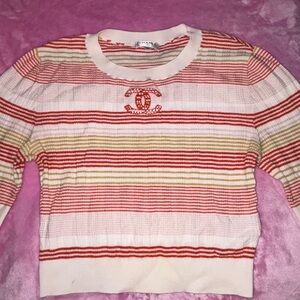 Chanel Red and White Crew Neck Sweater with Stripes